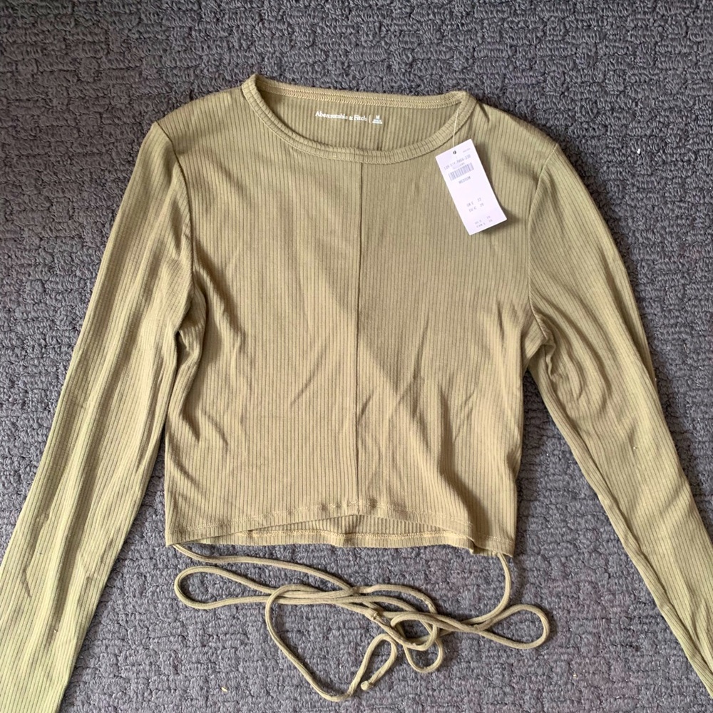 Abercrombie long sleeve ribbed tie front top, army green